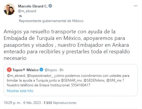 Marcelo Ebrard confirma viaje de grupo Topos a Turquía tras terremoto