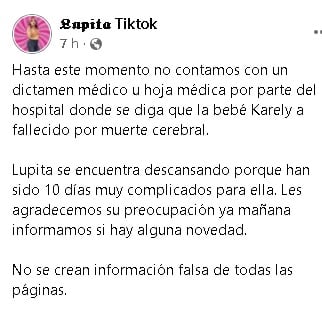 Lupita TikTok dice que no tiene información de la muerte cerebral de su hija.