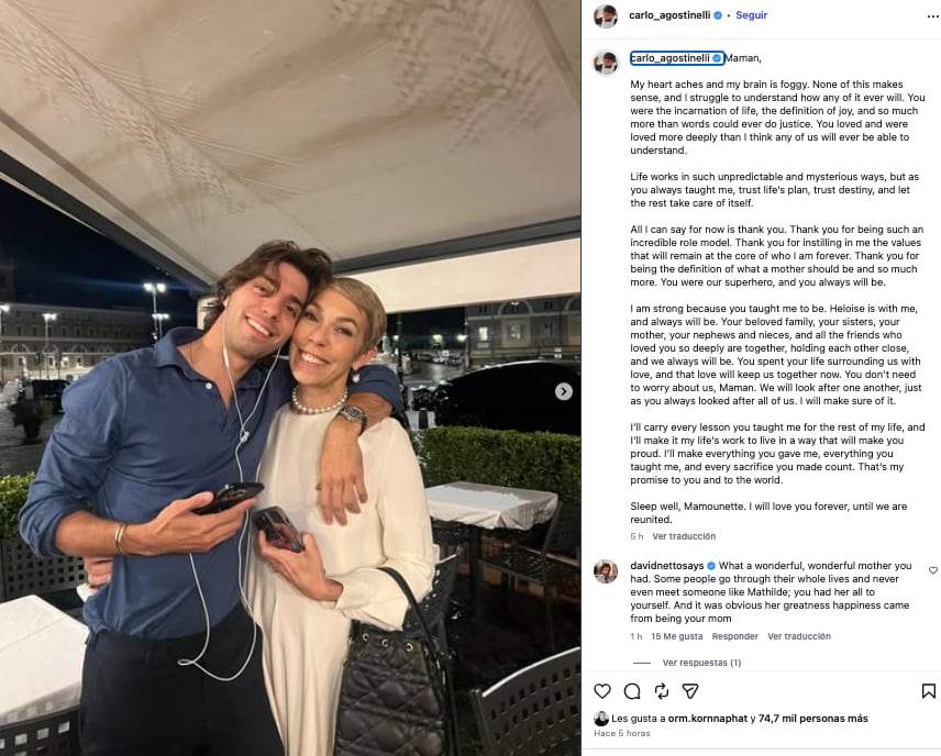Carlo Agostinelli se despide de su madre Mathilde Favier