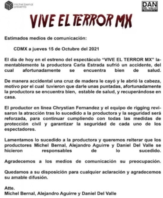 Comunicado sobre el accidente de Carla Estrada