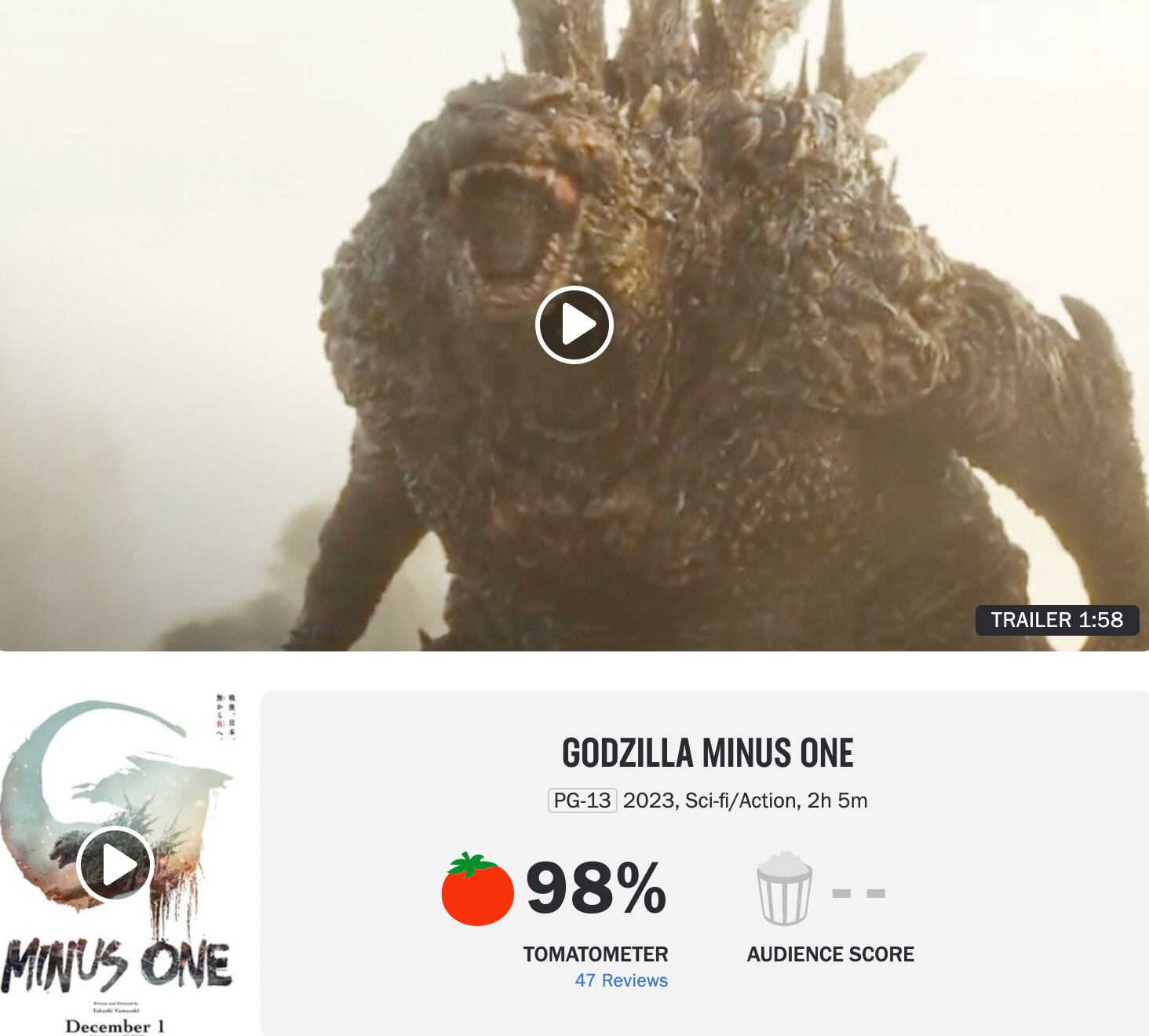 Godzilla Menos Uno en Rotten Tomatoes