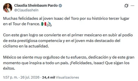 Claudia Sheinbaum felicita a Isaac del Toro por su tercer lugar en el Tour de Francia