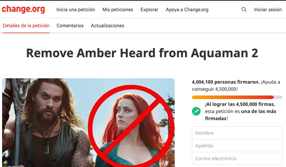 Petición para quitar a Amber Heard en Change.org