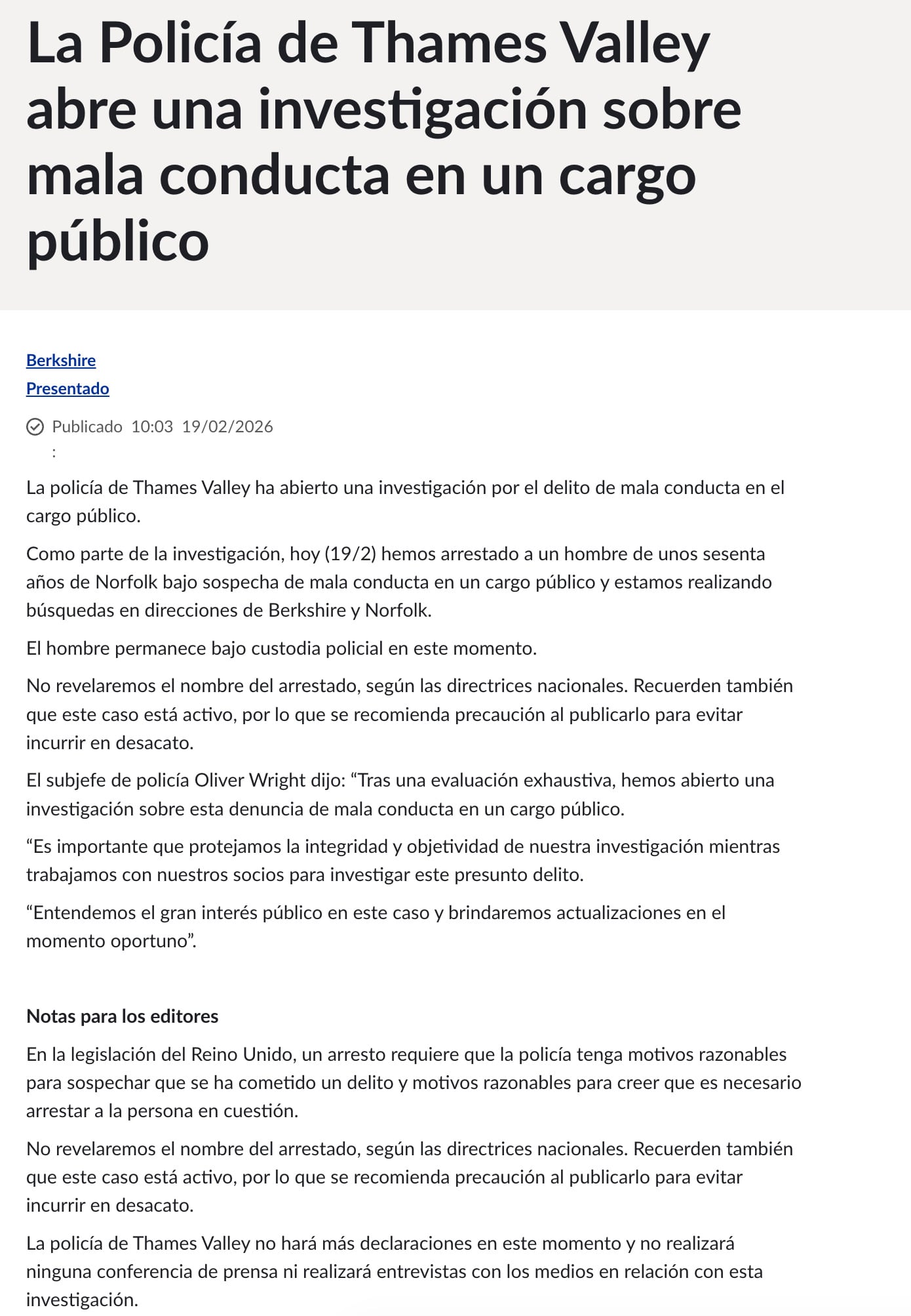 Comunicado sobre la detención del expríncipe Andrés