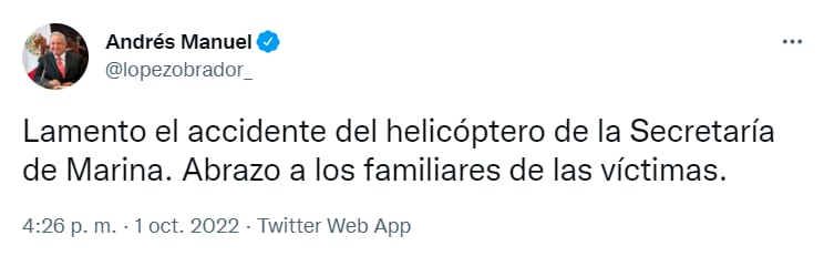 AMLO lamenta desplome de helicóptero de la Marina en Tabasco hoy