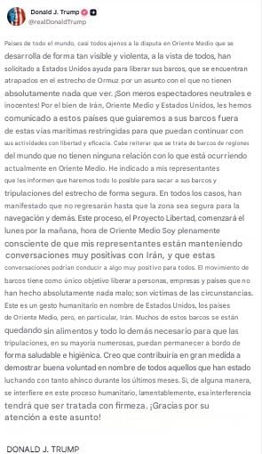 Donald Trump realizará el Proyecto Libertad en el Estrecho de Ormuz.