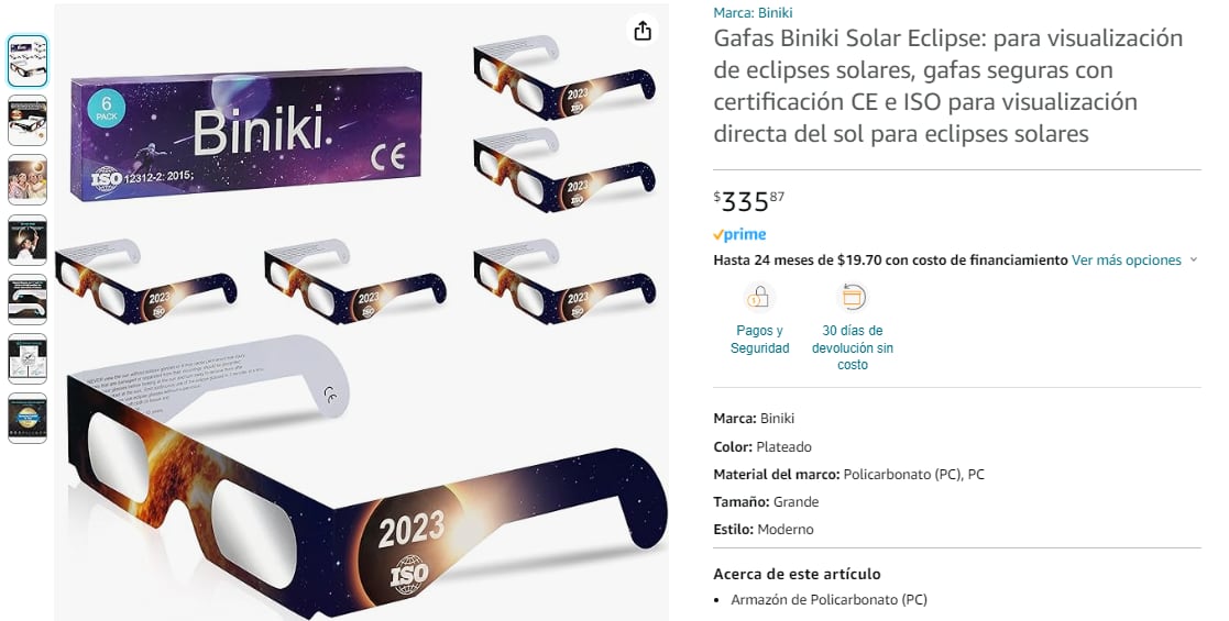 Lentes en Amazon para ver el eclipse