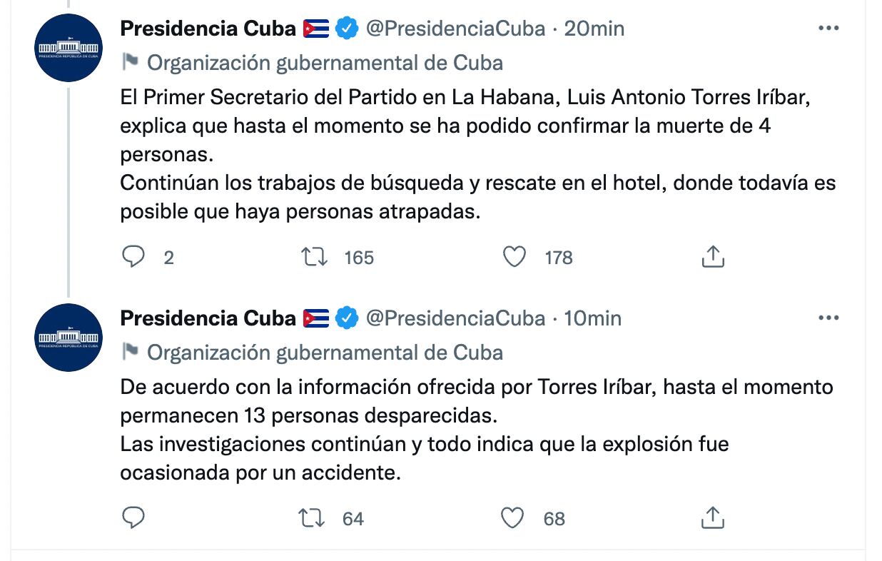 Presidencia de Cuba informa sobre la explosión en el Hotel Saratoga de La Habana