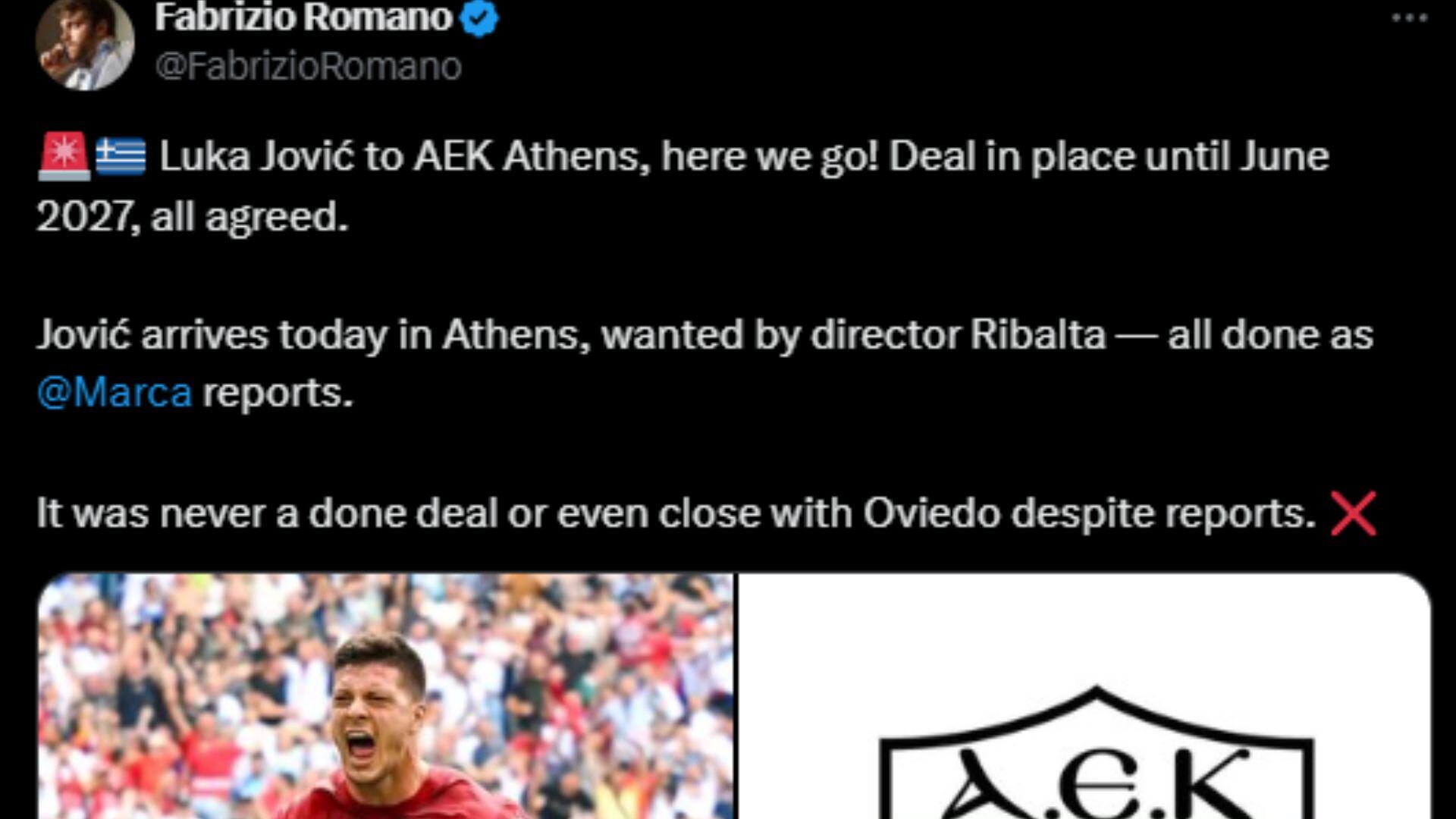 Luka Jovic jugará en el AEK de Atenas.