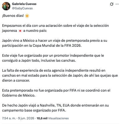 Gabriela Cuevas se deslinda del mal estado de las canchas en las que pretendía entrenar la Selección de Japón