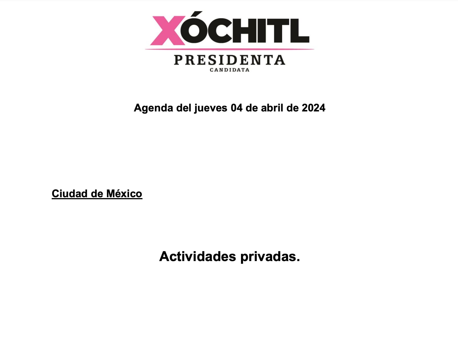 Xóchitl Gálvez no tendrá actividades el jueves 4 de abril