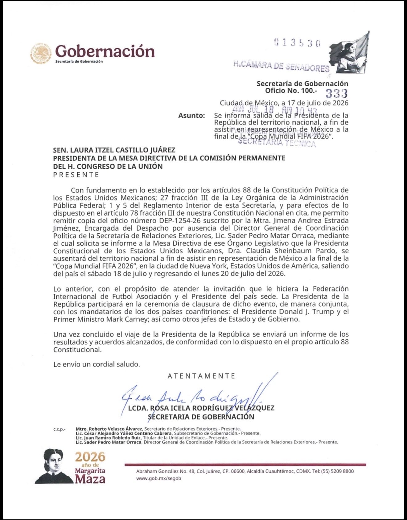 Senado confirma salida de Sheinbaum de México para asistir a la final del Mundial 2026