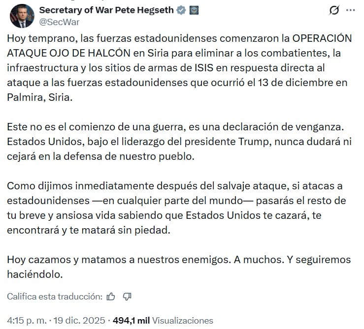Pete Hegseth niega que la "Operación Halcón" sea una declaración de guerra en Siria