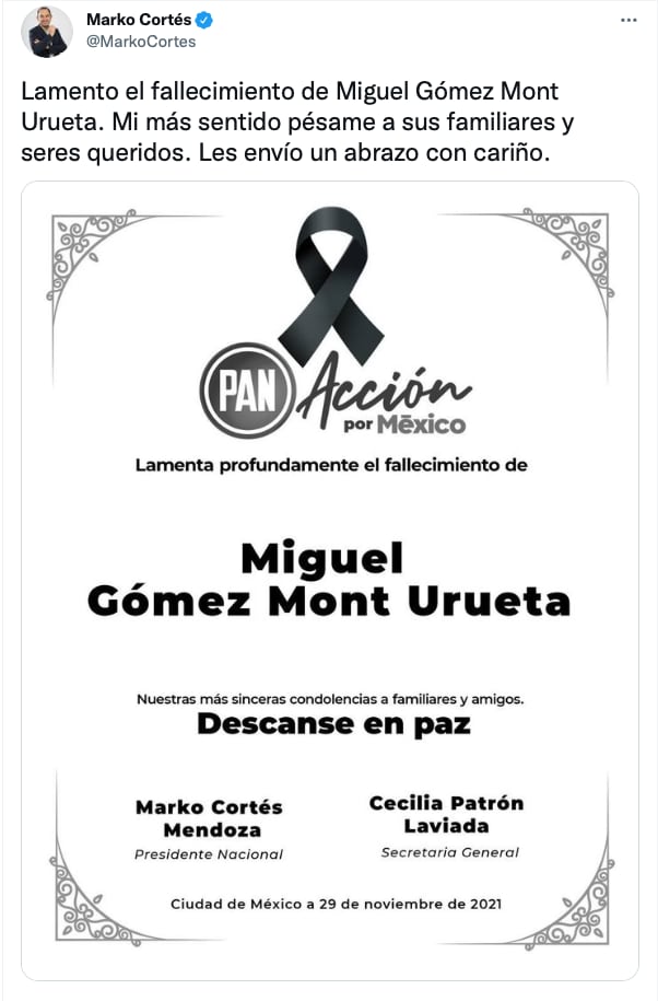Condolencias de Marko Cortés por la muerte de Miguel Gómez Mont Urea