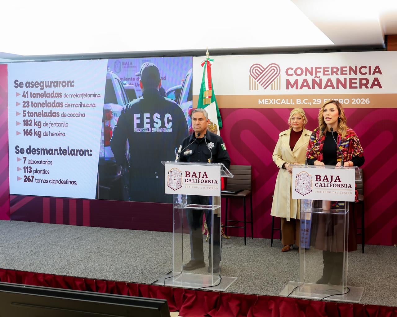 Marina del Pilar informa que Baja California registra decomisos históricos de drogas y armas.