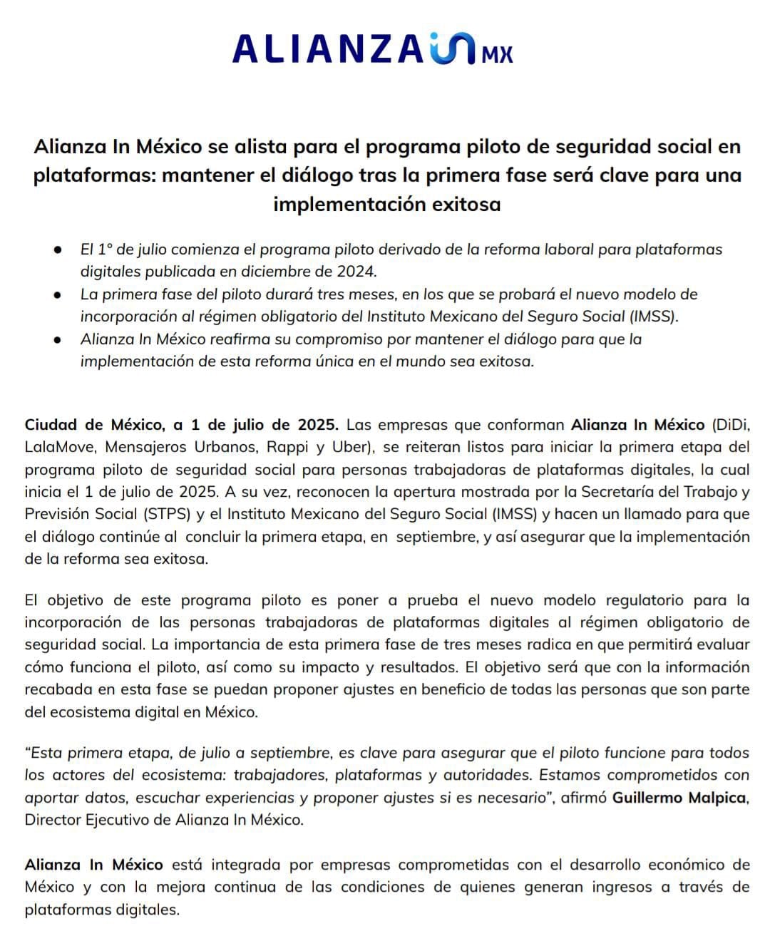 Comunicado de Alianza In México