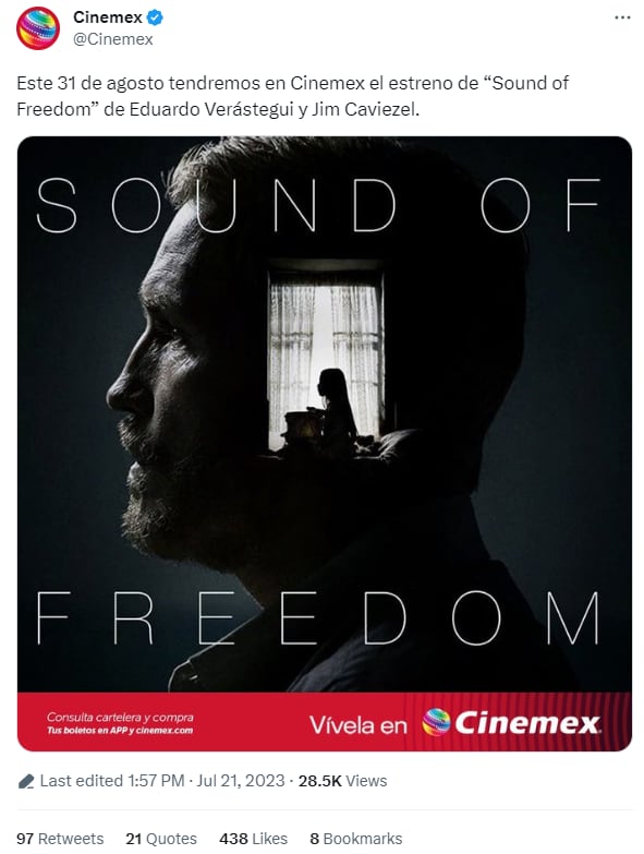 Anuncio de Cinemex sobre el estreno de Sound of Freedom en Cinemex