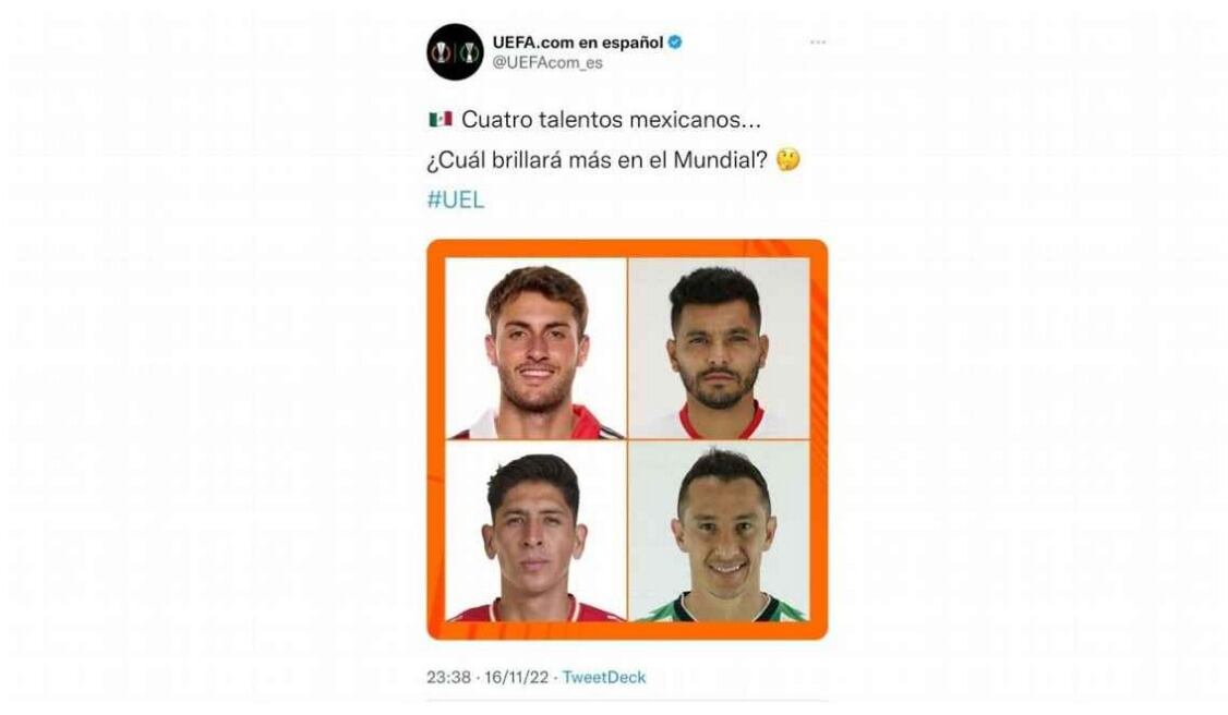La cuenta de la UEFA Europa League en español desconoce que Santi Giménez y Tecatito Corona no irán a Qatar 2022.