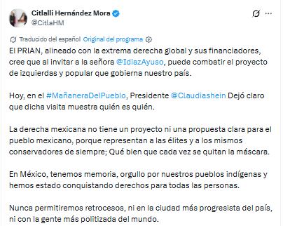 Citlalli Hernández sale en defensa de Sheinbaum tras visita de Díaz Ayuso