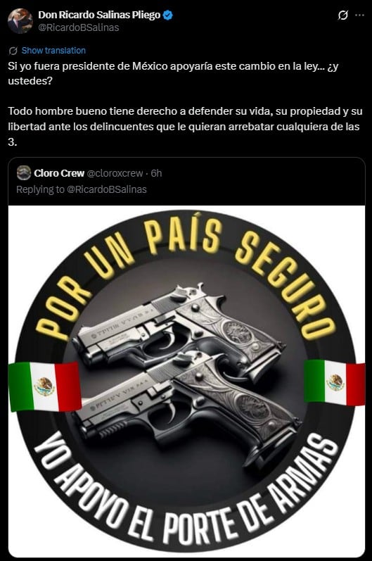 Salinas Pliego afirma que aprobaría la portación de armas si fuera presidente