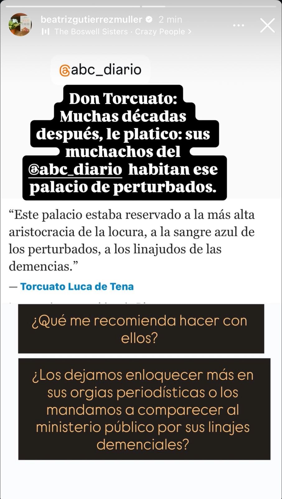 Beatriz Gutiérrez se lanza contra el periódico ABC de España por “perturbados”