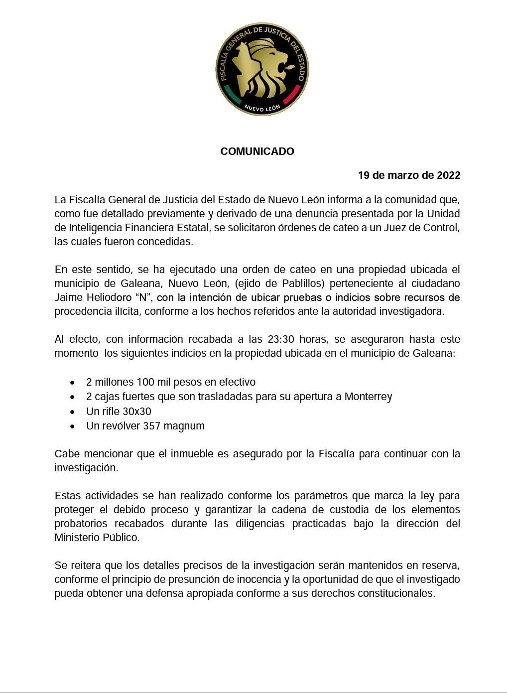 Comunicado de la Fiscalía de Nuevo León