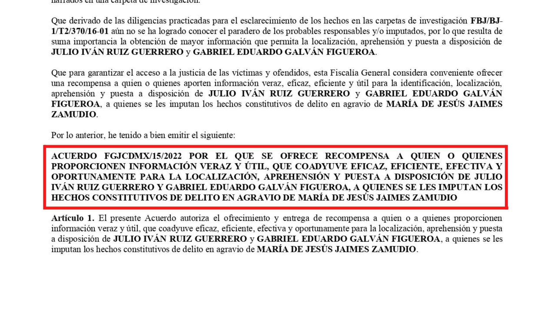 Acuerdo de la Fiscalía de CDMX sobre la recompensa