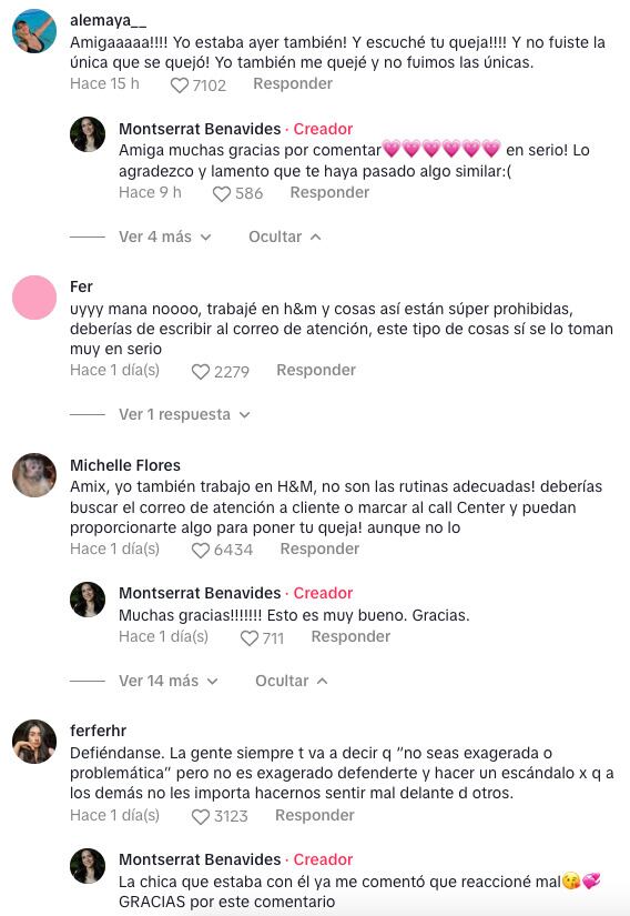 Comentarios en el TikToK sobre la denuncia a H&M por acoso