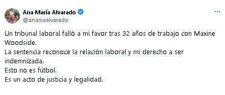 Ana María Alvarado reacciona al comunicado de Maxine Woodside.