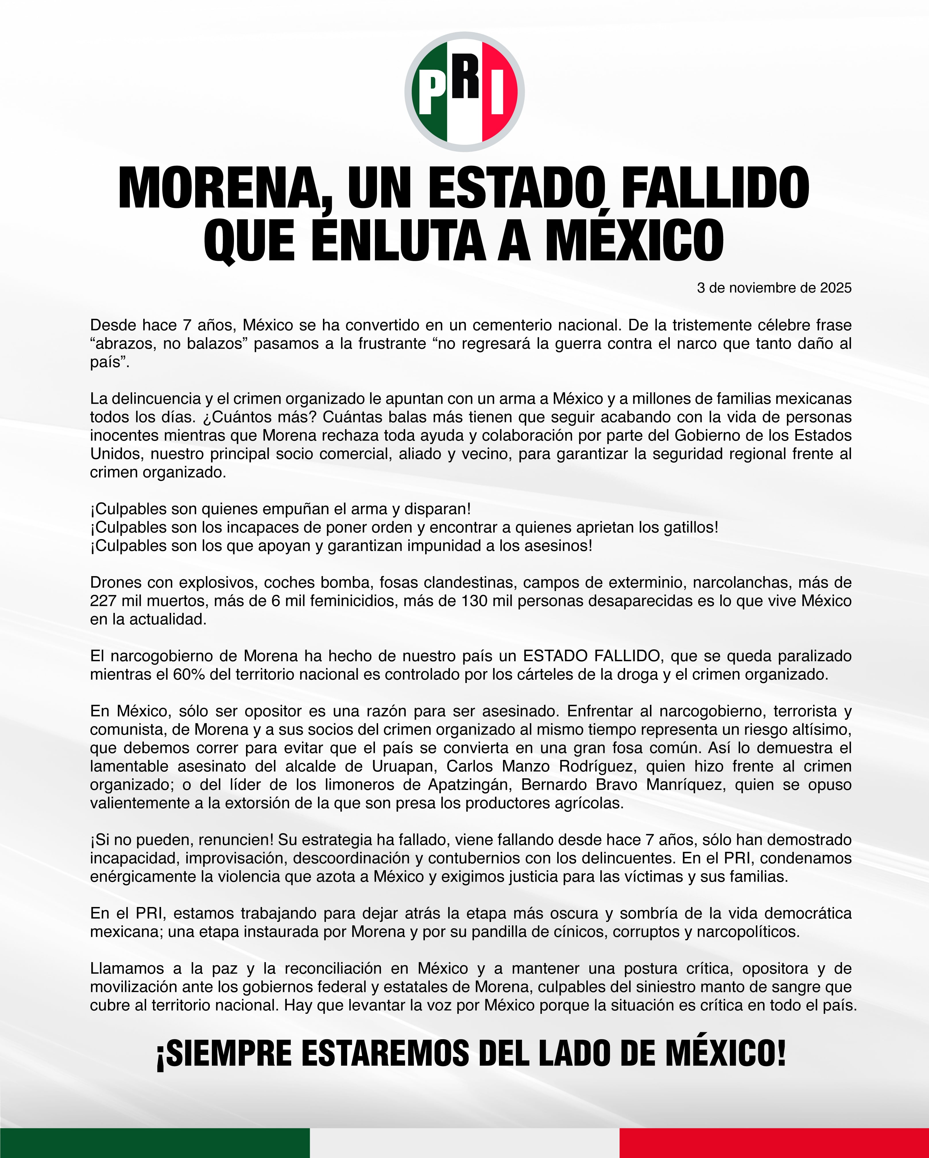 Acusa PRI a Morena por muerte de Carlos Manzo