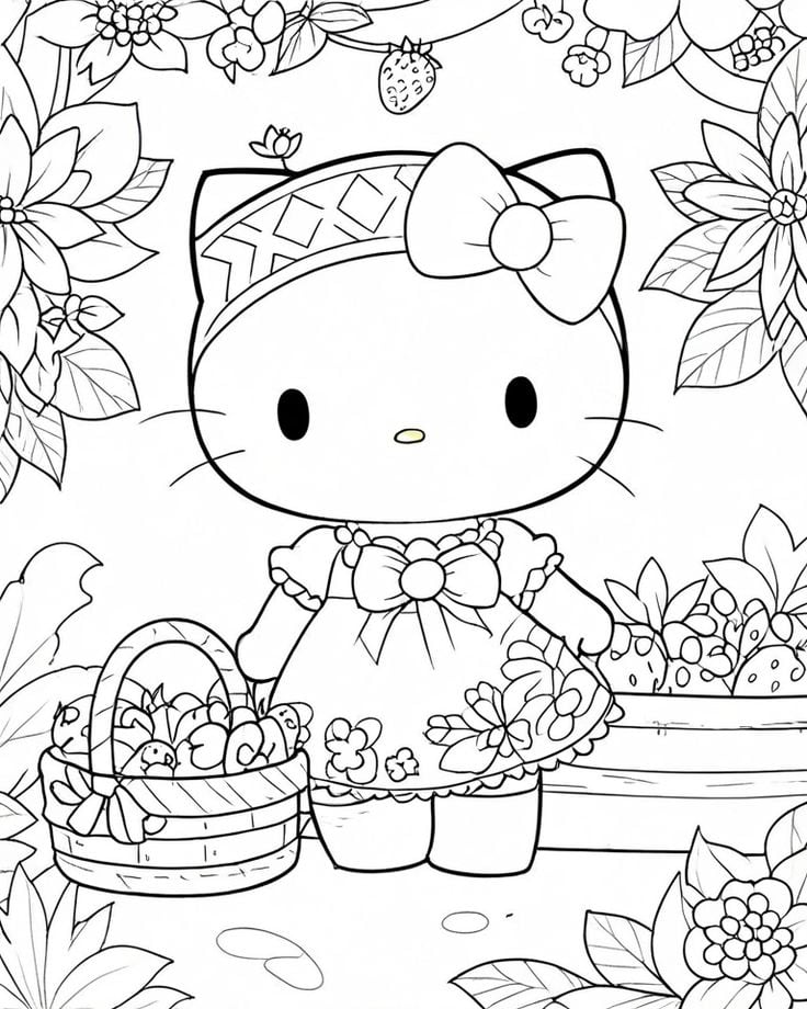 Dibujos de Hello Kitty tomando el sol de primavera para colorear
