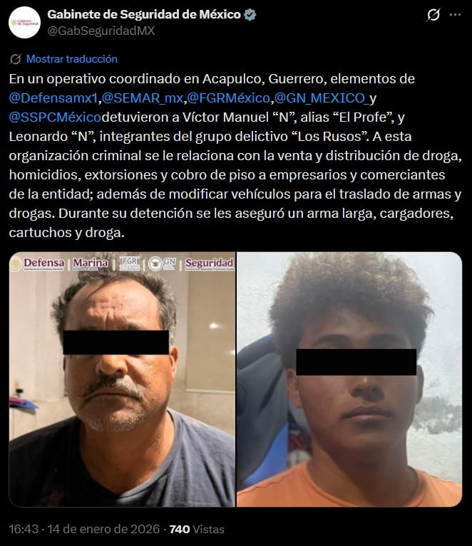 Capturan a dos miembros de “Los Rusos” en Acapulco; los vinculan a homicidios y extorsiones