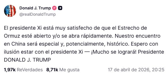 Trump afirma que la reapertura de Ormuz fortaleció su relación con Xi Jinping