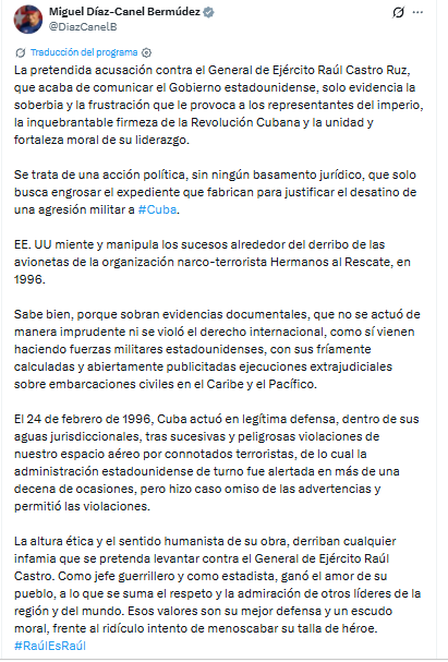 Díaz-Canel acusa a Estados Unidos de “mentir” sobre Raúl Castro