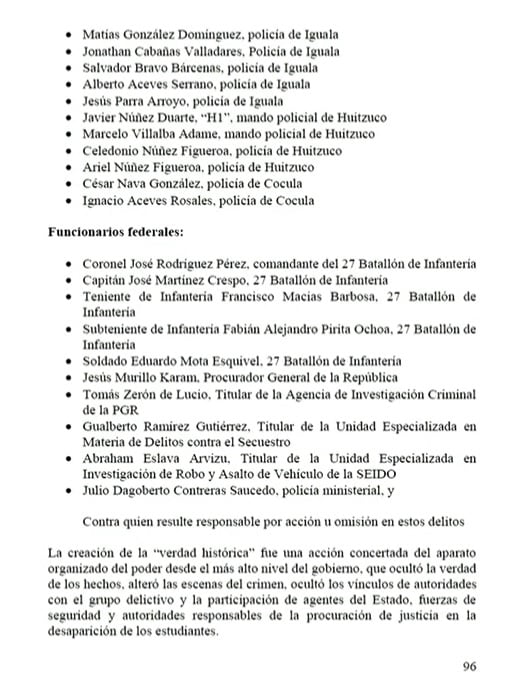 Lista de presuntos responsables del caso Ayotzinapa
