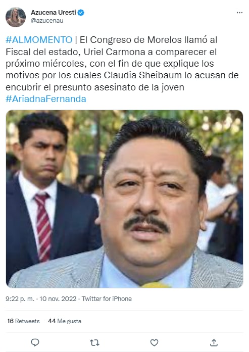 El fiscal Uriel Carmona comparecerá ante el Congreso de Morelos por el caso de Ariadna Fernanda.