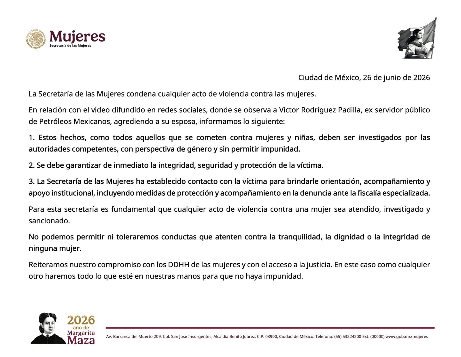 Secretaría de las Mujeres exige que no haya impunidad en caso de Víctor Rodríguez Padilla