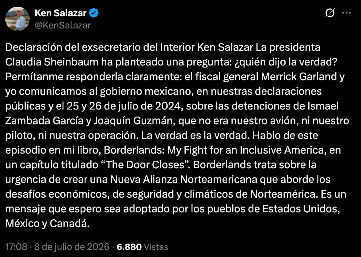Ken Salazar responde a Sheinbaum por el caso El Mayo Zambada