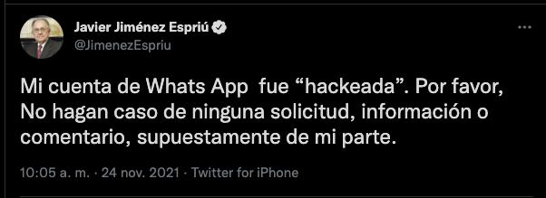 Javier Jiménez Espriú acusa que le hackearon su WhatsApp