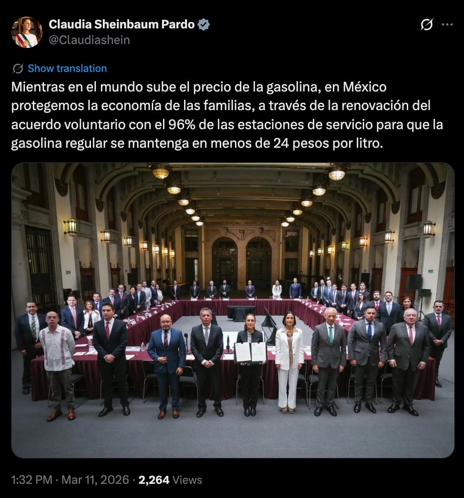 Sheinbaum renueva acuerdo para gasolina menor a 24 pesos