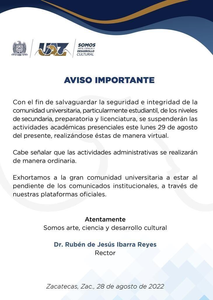 Universidad de Zacatecas cancela el regreso a clases por balaceras