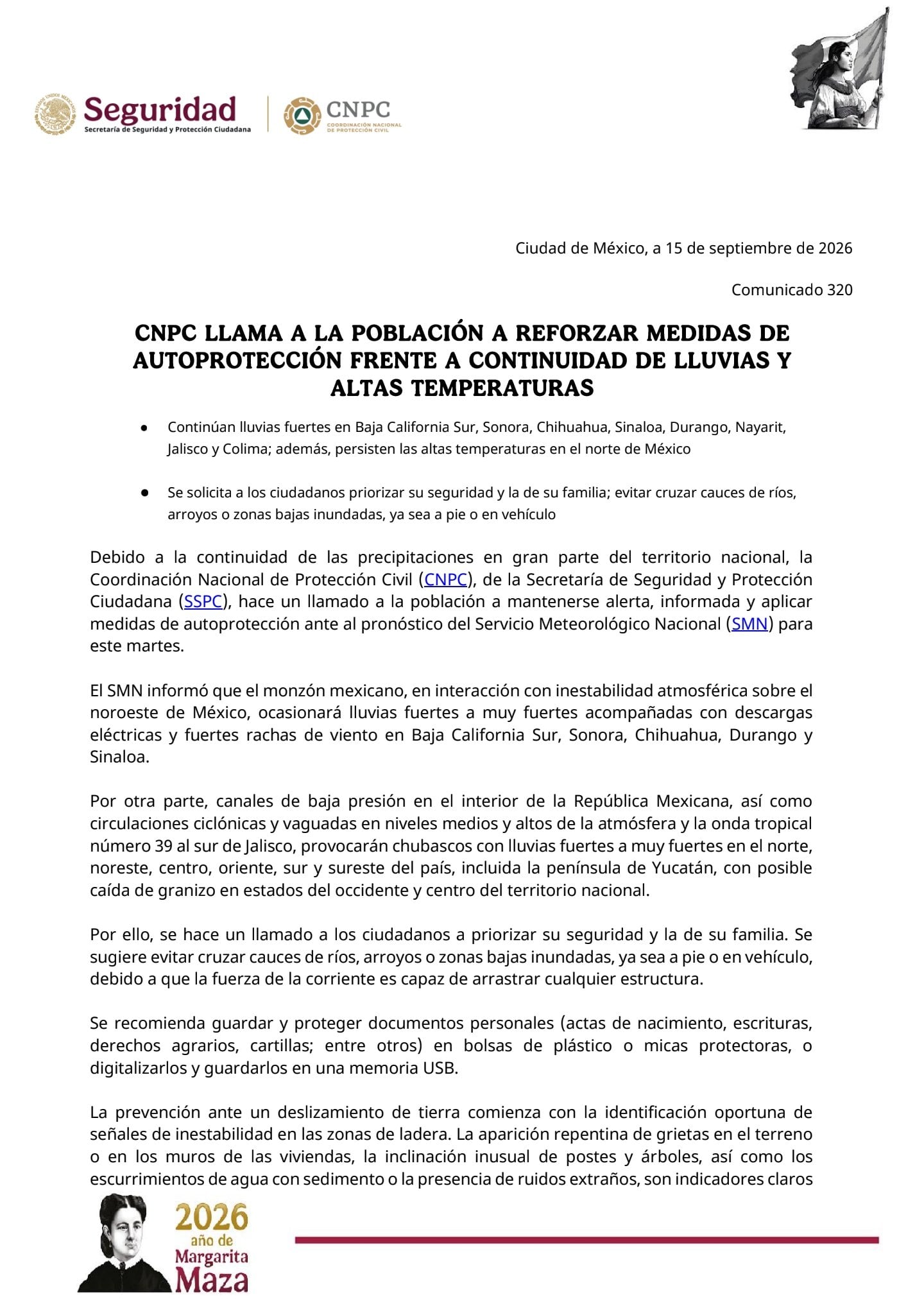 Comunicado de la CNPC sobre lluvias hoy 15 de septiembre.
