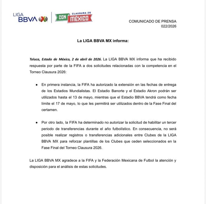 FIFA autoriza extensión de entrega de estadios para el Mundial 2026.