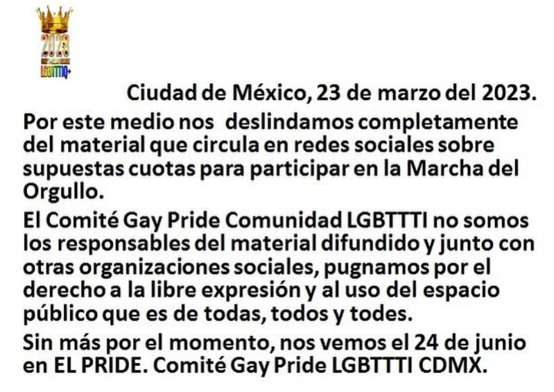 Comité Gay Pride se pronuncia sobre señalamientos en su contra.