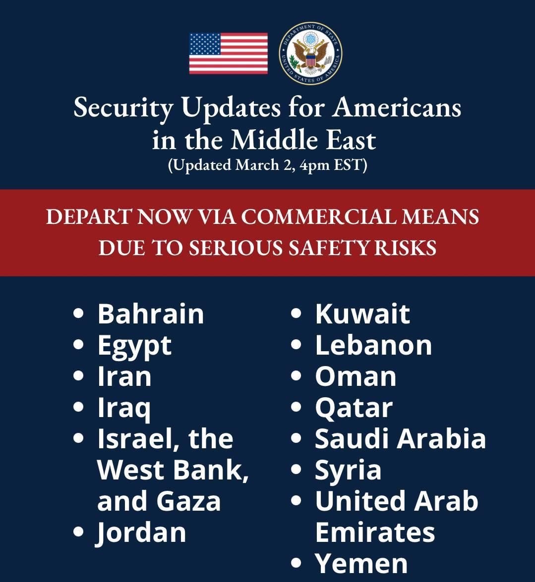 Estados Unidos pide evacuar Medio Oriente por conflicto en Irán