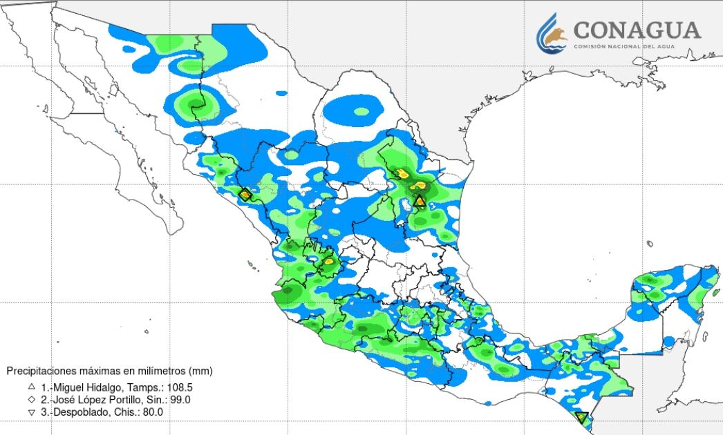 Precipitaciones acumuladas en últimas 24 horas por huracán Bonnie