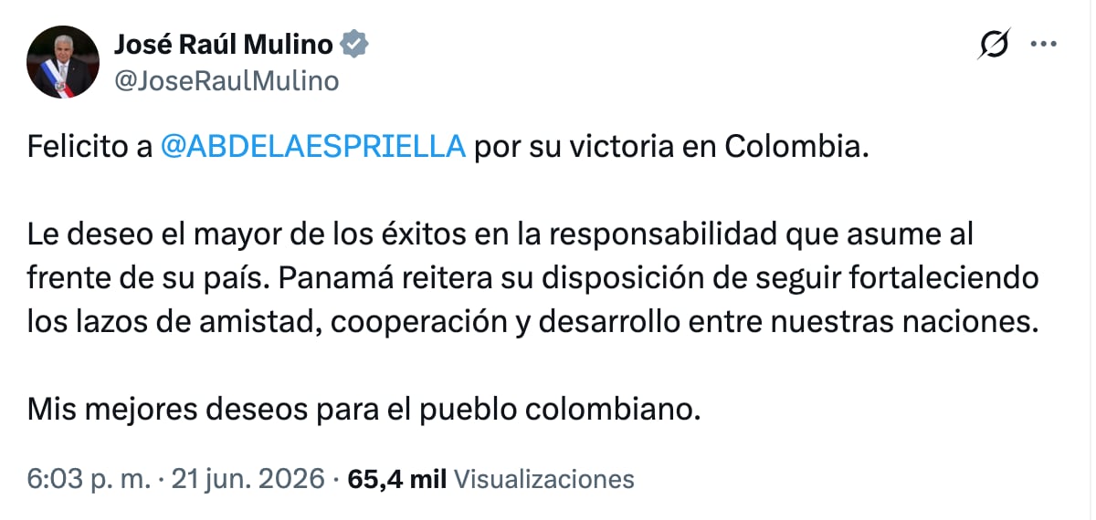Líderes mundiales felicitan a Abelardo de la Espirella, presidente electo de Colombia