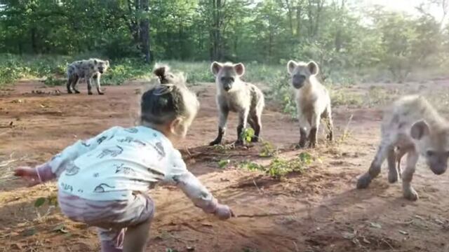 Niña juega con hienas.