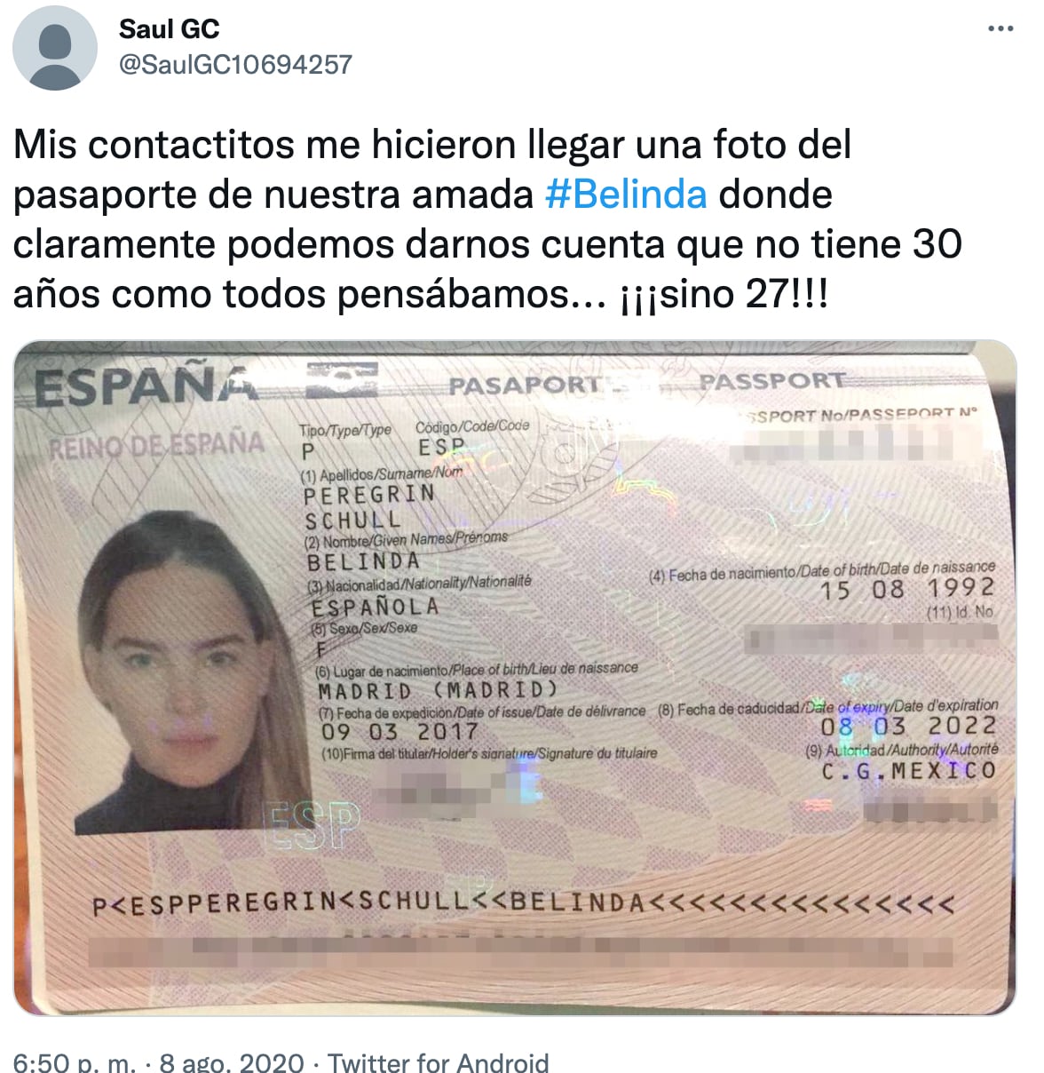Supuesto pasaporte de Belinda