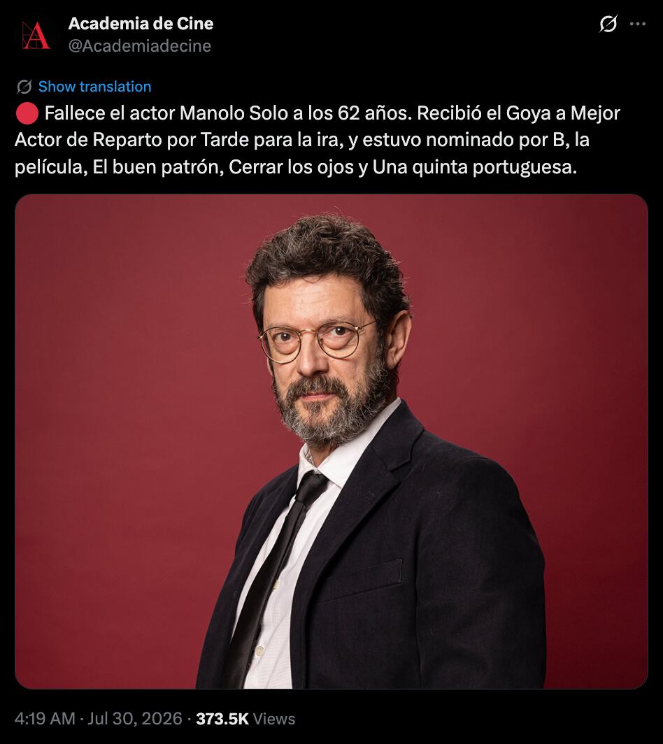 Muere a los 62 años Manolo Solo, actor de Tarde para la ira y La isla mínima